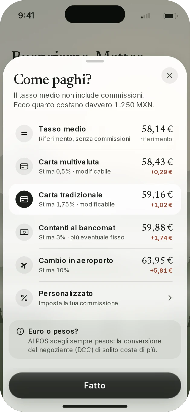 Schermata «Come paghi?» di Valico, con il confronto tra carta, contanti e cambio in aeroporto.