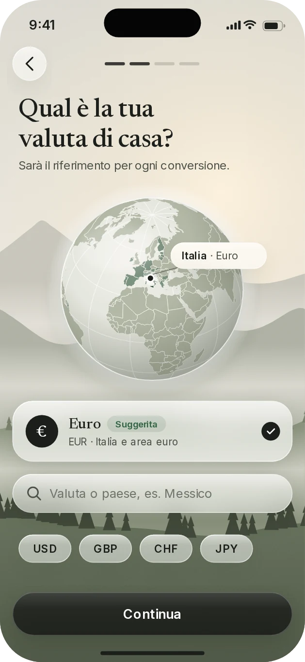 Setup di Valico: scelta della valuta di casa con un globo.